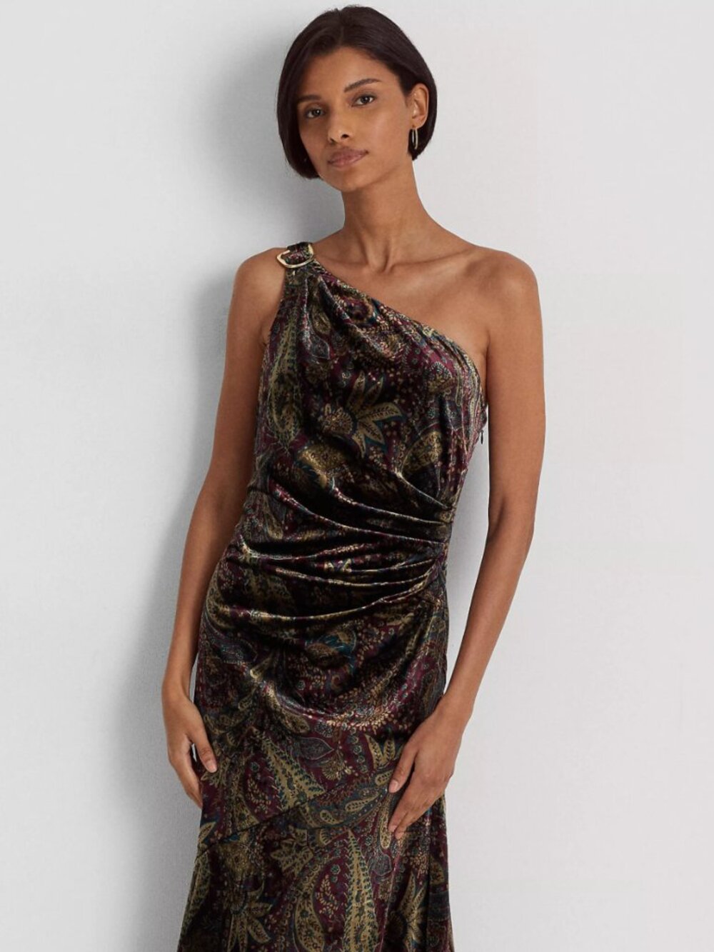 Lauren Ralph Lauren Paisley Velvet One Shoulder Cocktail Dress